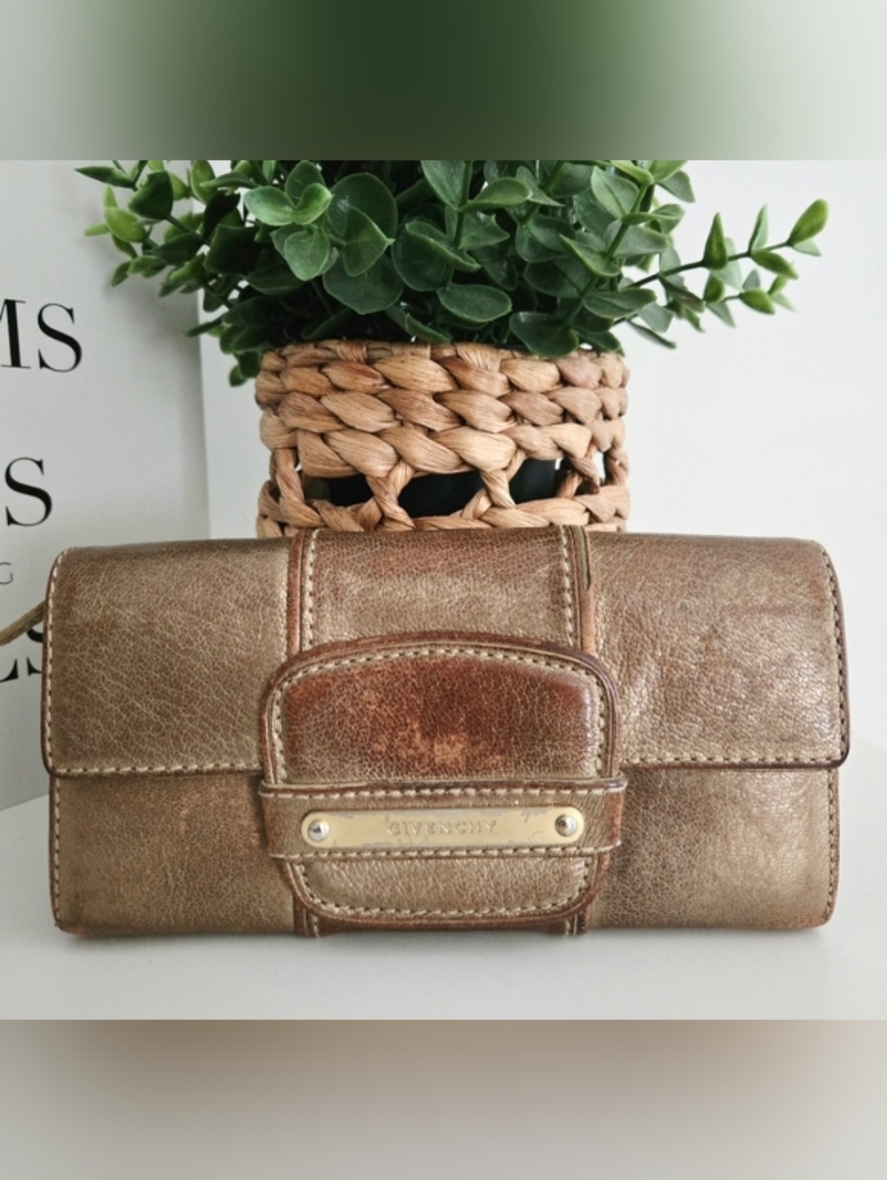 Authentic GIVENCHY Long Flap Leather‎ Wallet Card Holder Clutch Metallic